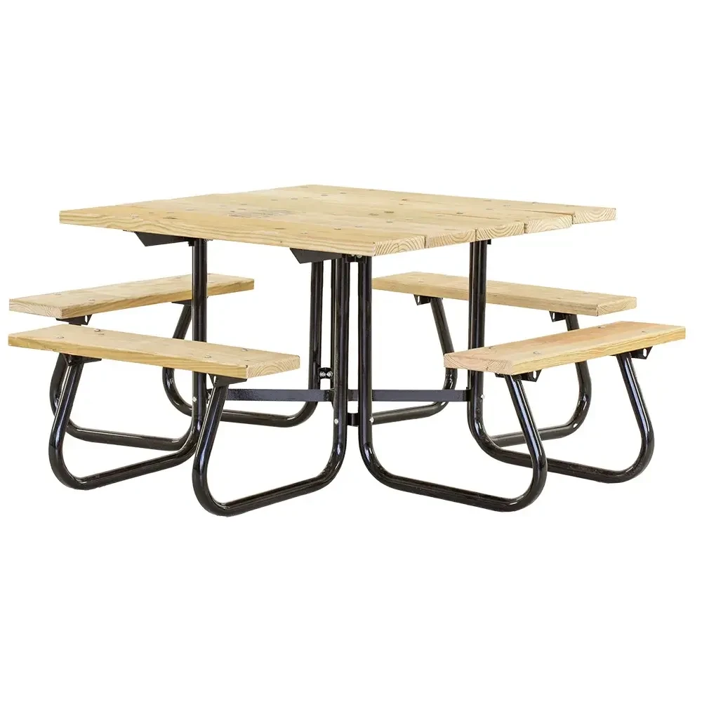 Square commercial wood picnic table with four separate benches and a black metal frame.
